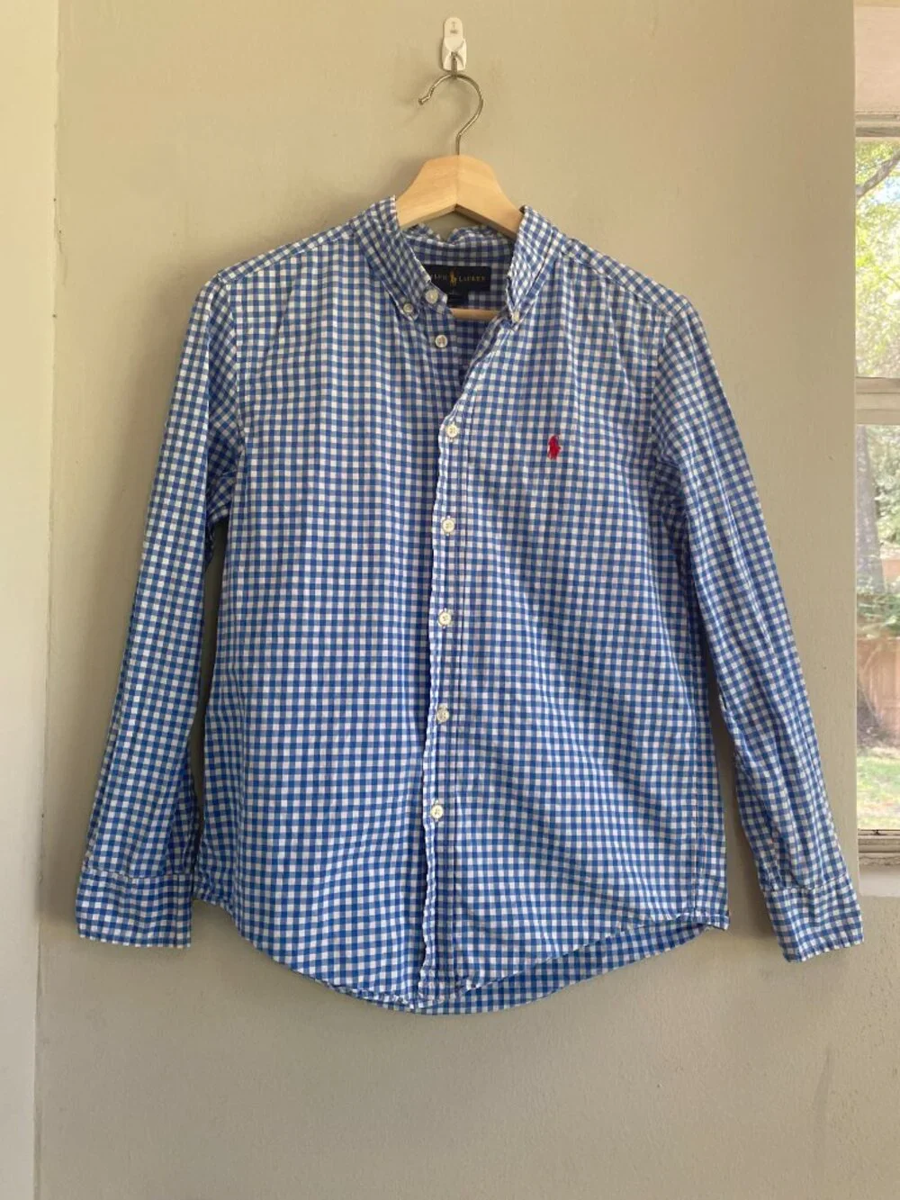 Ralph Lauren Boys Blue White Gingham Button Down Shirt L 14-16
